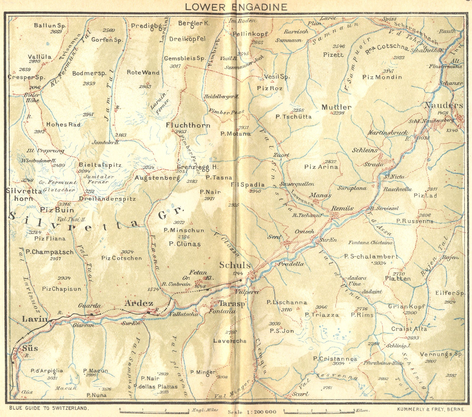 SWITZERLAND. Lower Engadin 1930 old vintage map plan chart